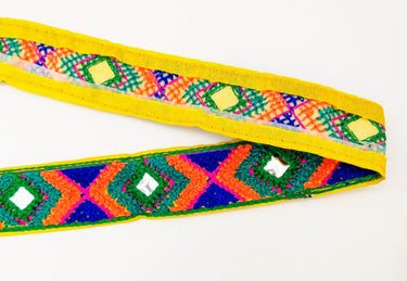 Yellow Cotton Fabric Embroidered Mirrored Trim In Green, Orange & Blue, Bohemian Trim